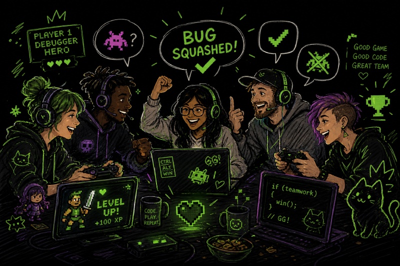 A group of gamers collaborating, celebrating bug fixes together